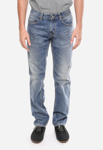 Slim Fit Jeans Panjang Biru Aksen Washed Corak Warna